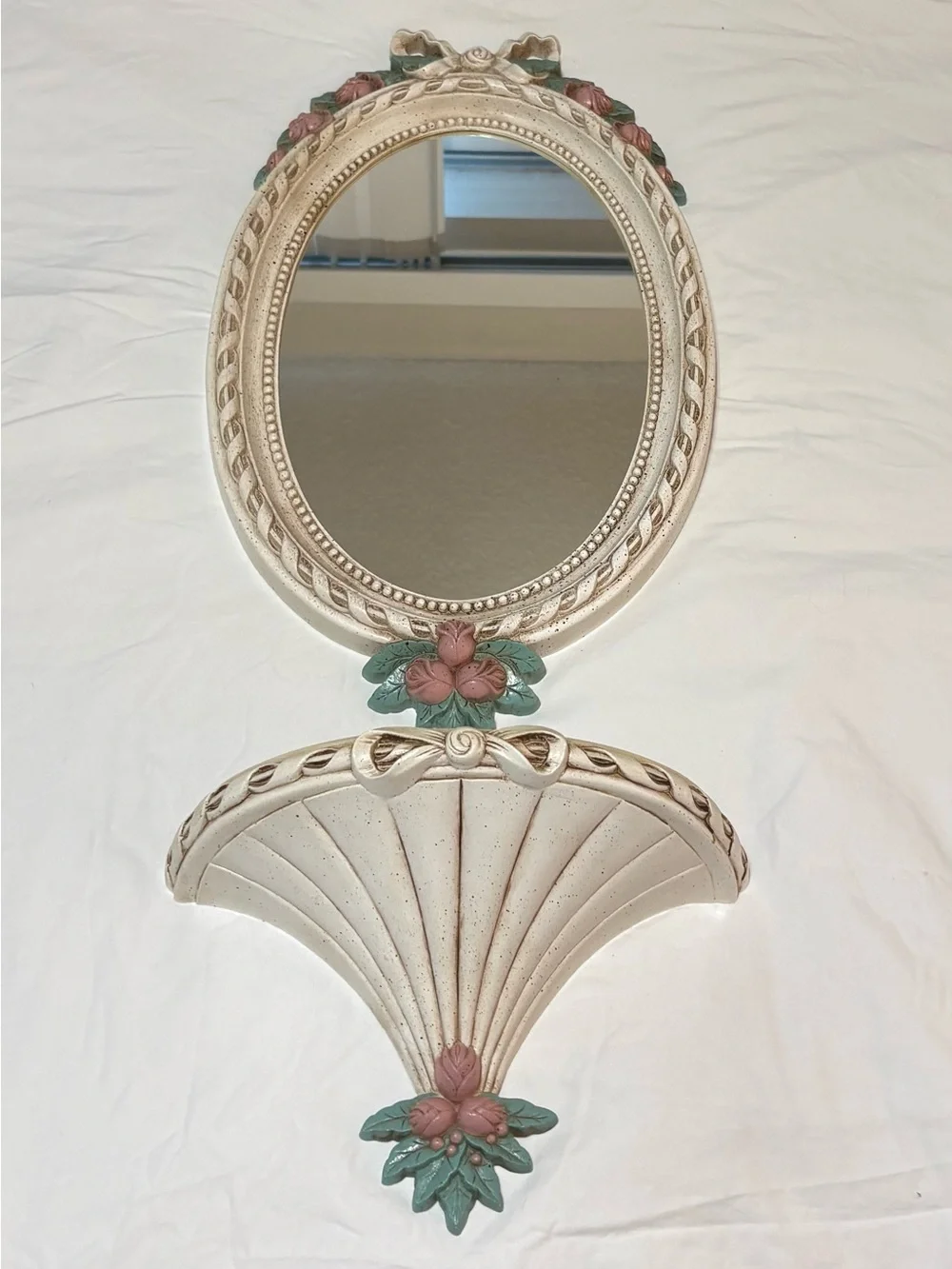 Vintage Burwood Bows & Roses Resin Oval Wall Mirror & Shelf Set